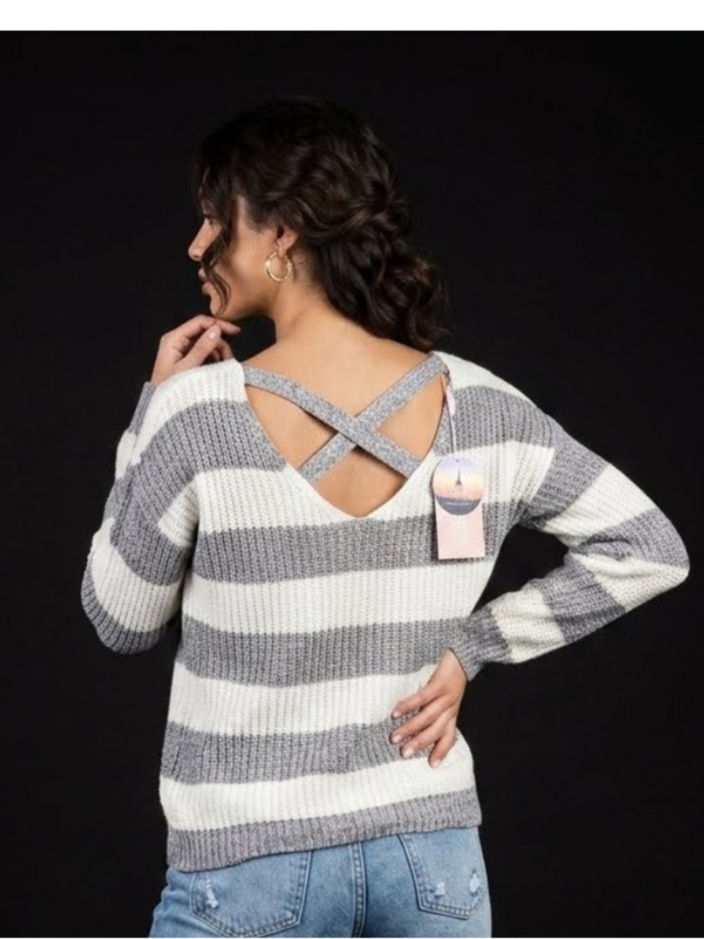 Love by Design Cozy Striped V-Neck Knit Sweater Gray/Cream Size Small Open Back